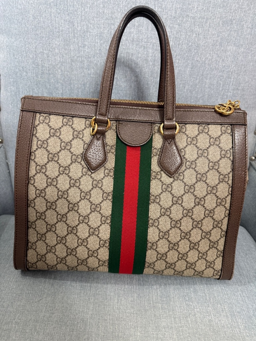 Gucci Brown GG Supreme Medium Canvas Tote with Green-Red Stripe - Picture 6 of 16